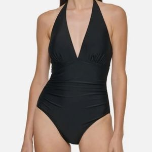 DKNY LADIES HALTER SHIRRED SWIMSUIT, 2XLARGE, BLACK *NWT